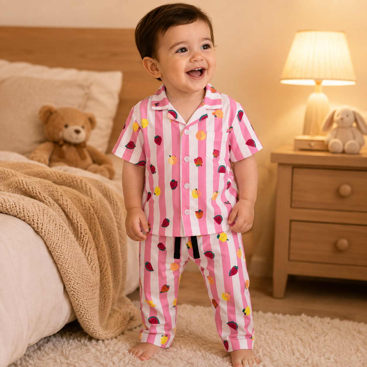 Premium Cotton Half Sleeves Collar Tshirt with Pant ( White Pink Fruits)