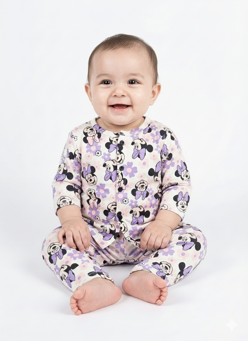 Front Open Full sleeves Cotton Tshirt with Pant (Lavender Minnie)