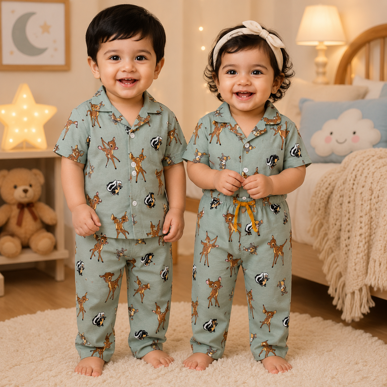Premium Cotton Half Sleeves Collar Tshirt with Pant (Cute Deer)