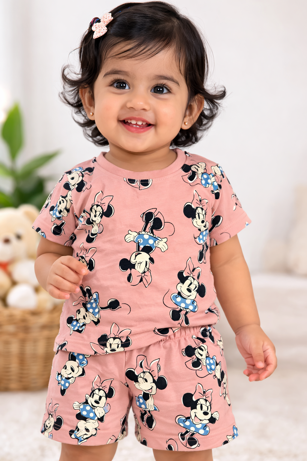 Cotton Shorts Sleeves Tshirt with Shorts Sets (Dark Peach Minnie)
