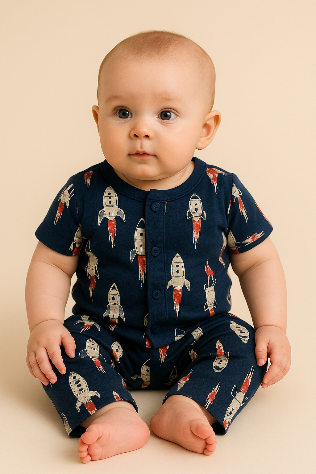 Half sleeves Front Open Tshirt with Pant (Navy Spaceship) (0-18 Months)