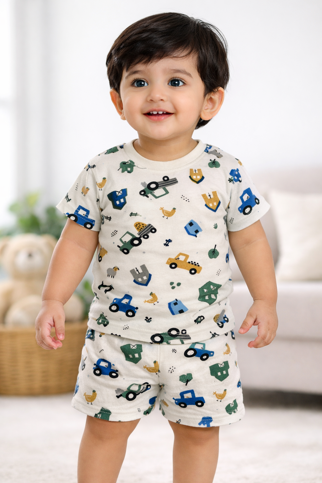 Cotton Shorts Sleeves Tshirt with Shorts Sets (White Blue Car)