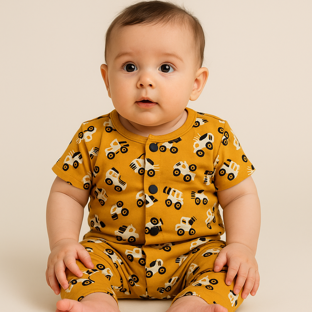 Half sleeves Front Open Tshirt with Pant (Mustard Car) (0-18 Months)