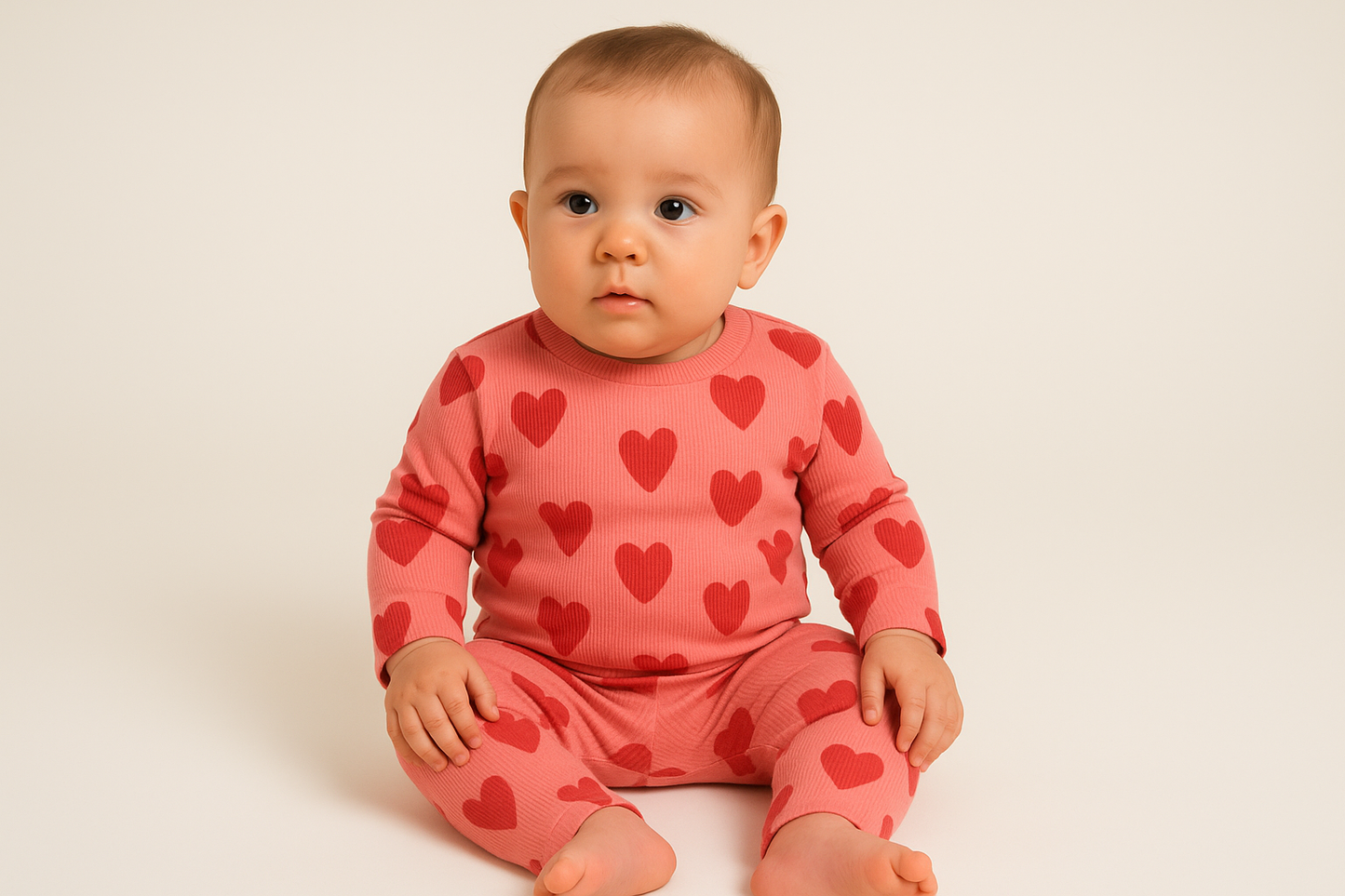 Premium Full sleeves Ribbed Tshirt with Pant (Pink Heart)(0-12 Months)