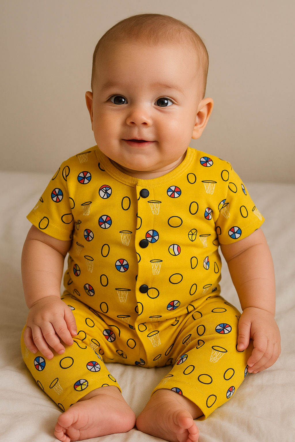 Half sleeves Front Open Tshirt with Pant (Yellow Ball) (0-18 Months)