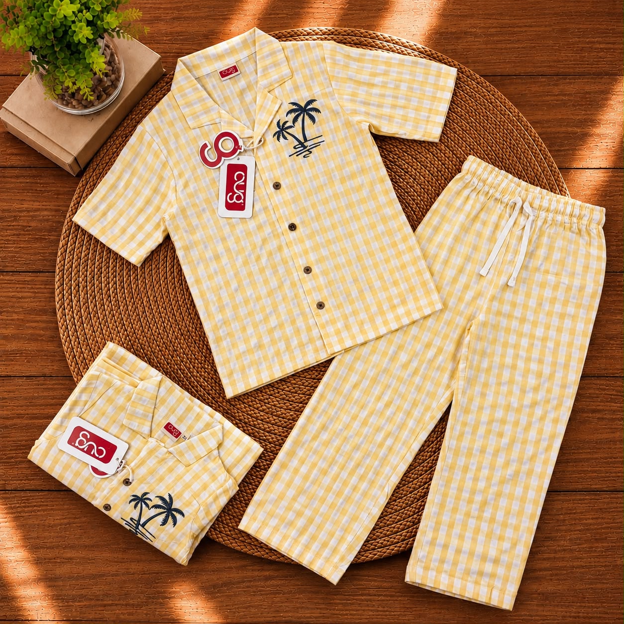 Airport - Kids Muslin Embroidery Co-ord Set – Collar Shirt & Pant (Yellow Tree)