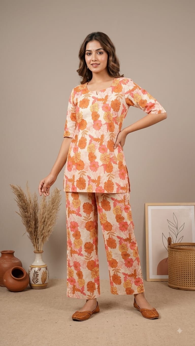 Cambric Cotton Printed Plazzo Co-ord Sets (2 piece Sets) (Cream Coral Hibiscus)