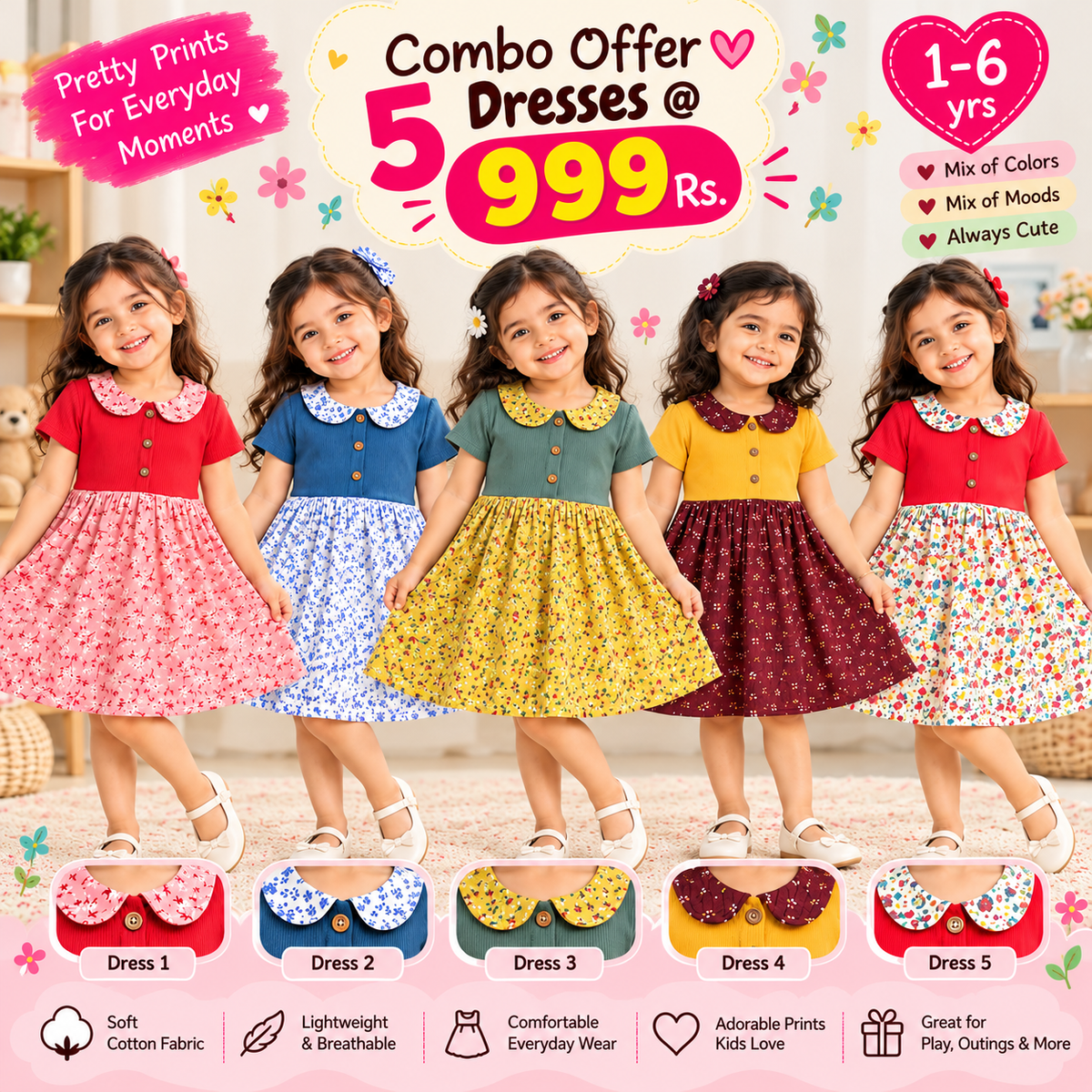 Peter Pan Collar Frocks Combo - Pack of 5 @ ₹999 | 1–5 Years