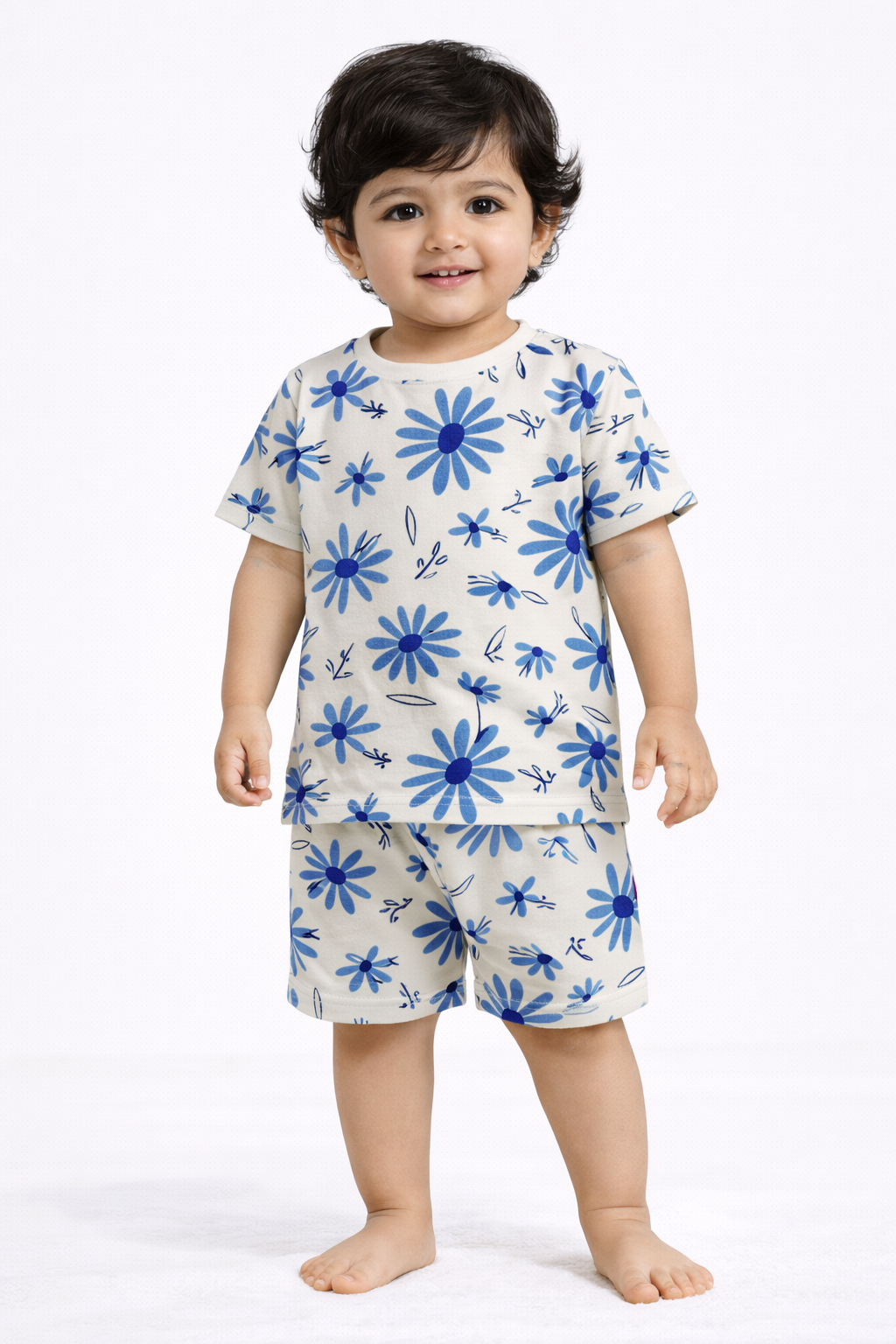 Cotton Shorts Sleeves Tshirt with Shorts Sets (Blue Flowers)