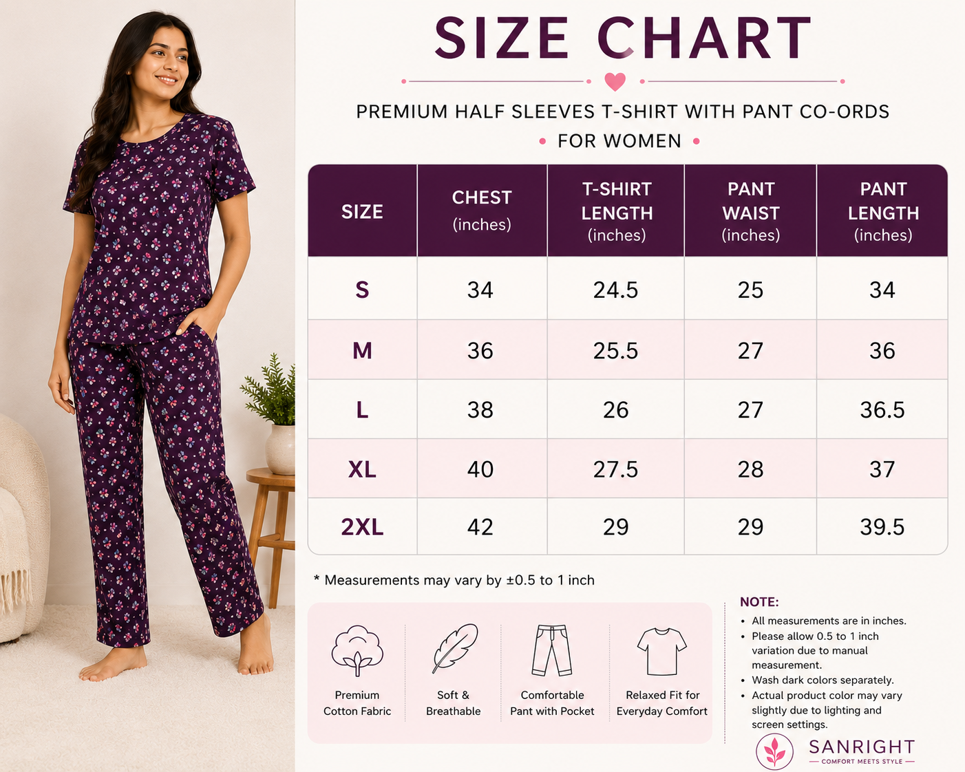 Women's Premium Cotton T-Shirt & Pant Co-Ord Set Lounge Wear With Pocket ( Summer Paradise )