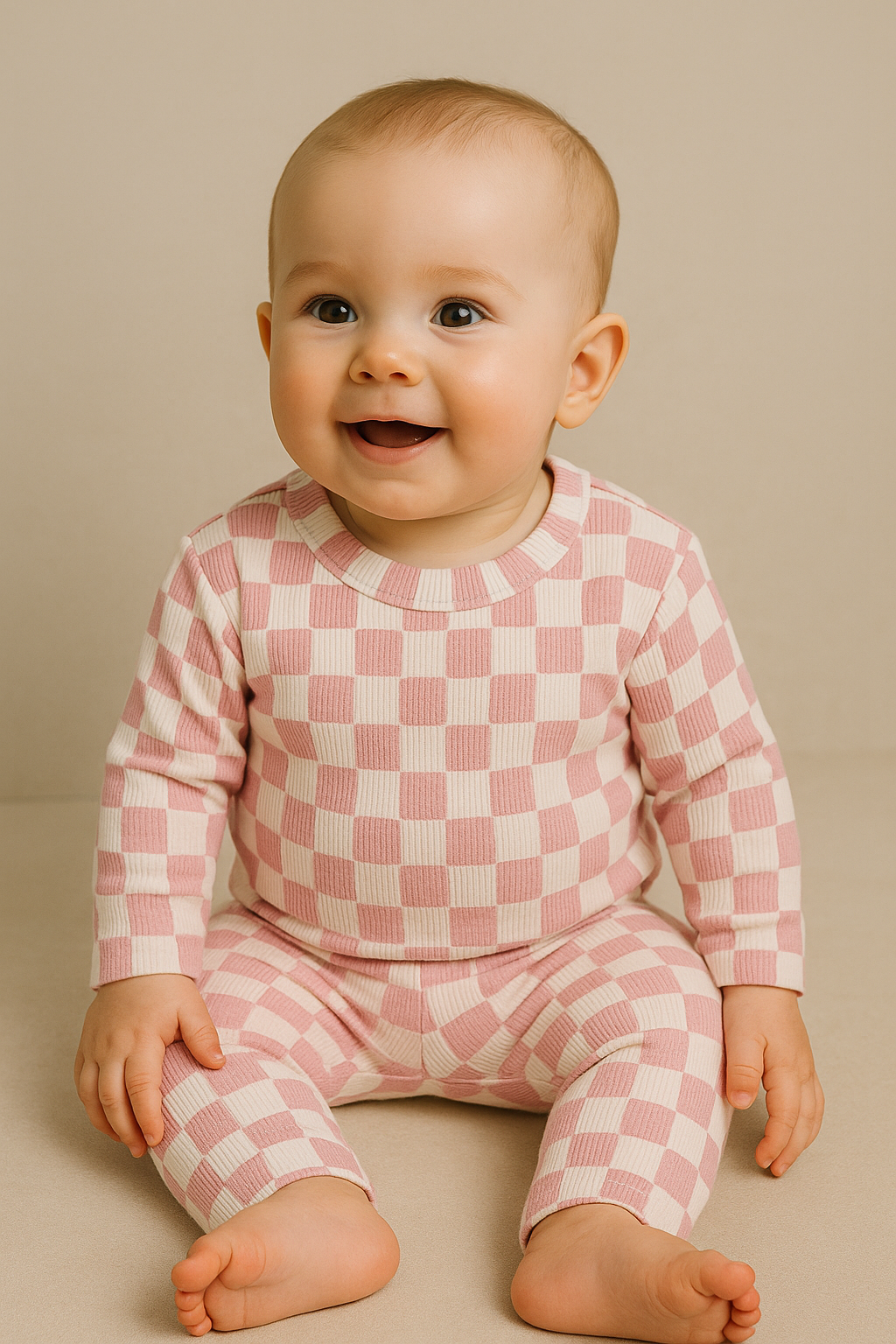 Premium Full sleeves Ribbed Tshirt with Pant (Pink Checked)(0-12 Months)