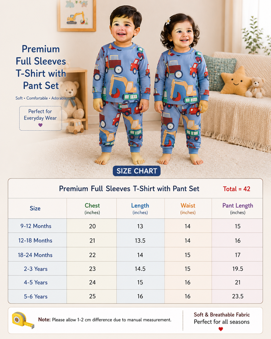 Premium Cotton Full Sleeves T-Shirt with Pant (Dark - Smart Like)
