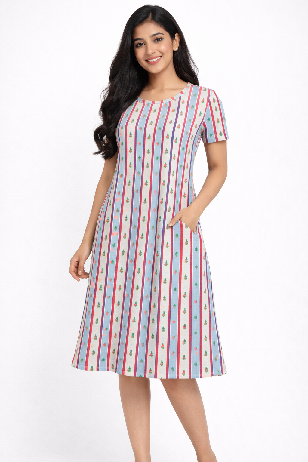 Women's Long A-Line Top (Stripes & Christmas Trees)