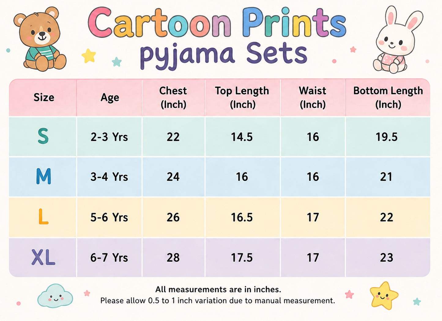 Premium Cartoon Prints Cotton Pajama Sets (Alphate Animals)