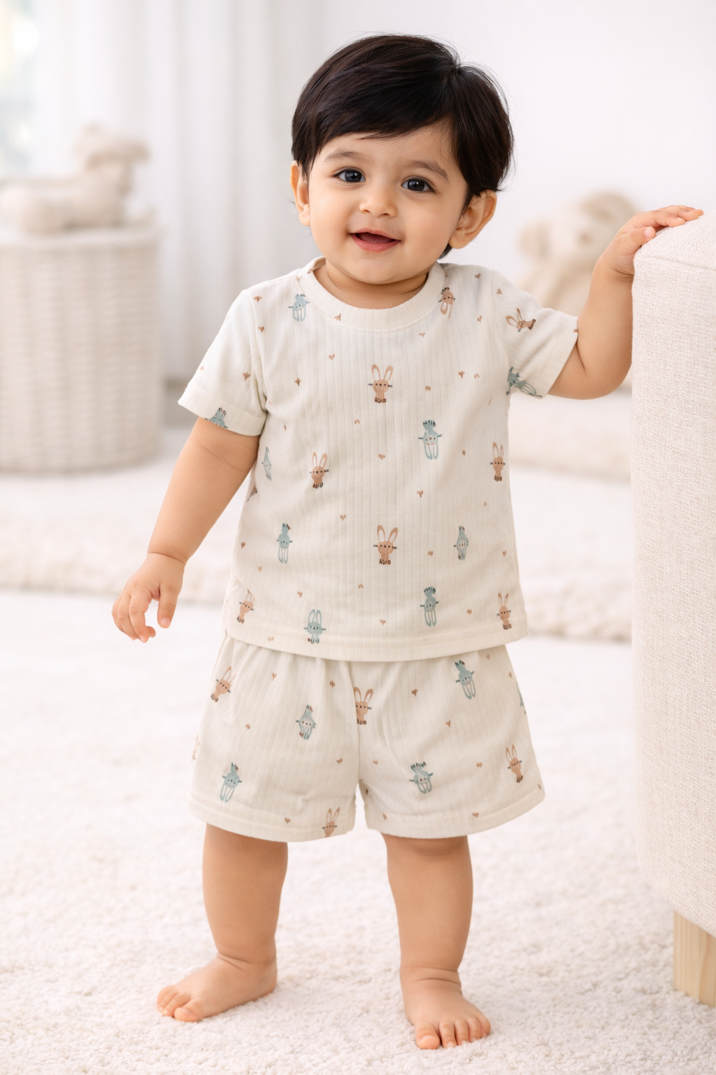 Cotton Shorts Sleeves Tshirt with Shorts Sets (Cream Bunny)