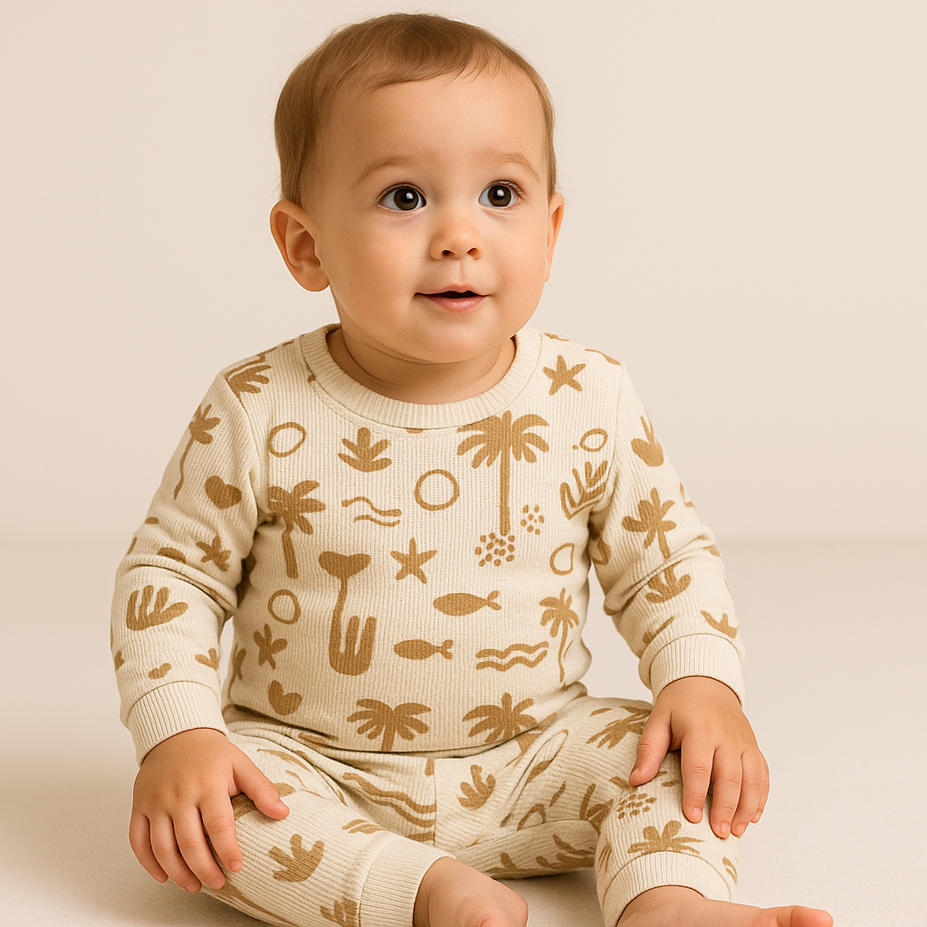 Premium Full sleeves Ribbed Tshirt with Pant (Dark Beige Tree) (0-36 Months)