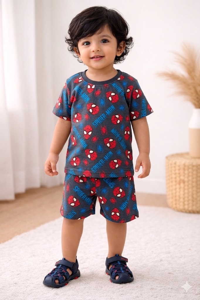Cotton Shorts Sleeves Tshirt with Shorts Sets (Blue SpiderMan)