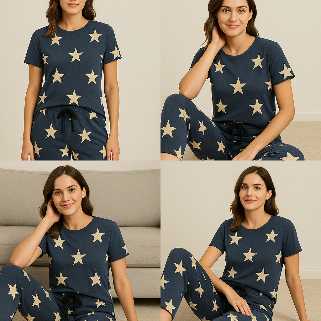 "A woman modeling a navy blue co-ord loungewear set with cream-colored star prints. The outfit includes a half-sleeve T-shirt and matching drawstring pants. 