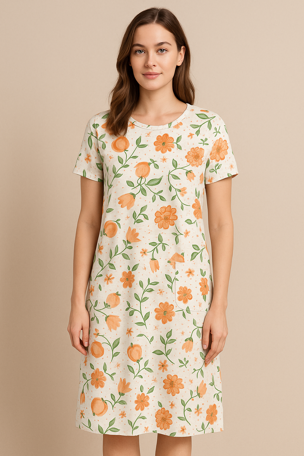 Women's long A-line t-shirt with round neckline and one side pocket, featuring a relaxed fit and flowy silhouette."  Let me know if you want variations for different angles (e.g., front view, side view, model wearing it, flat lay, etc.