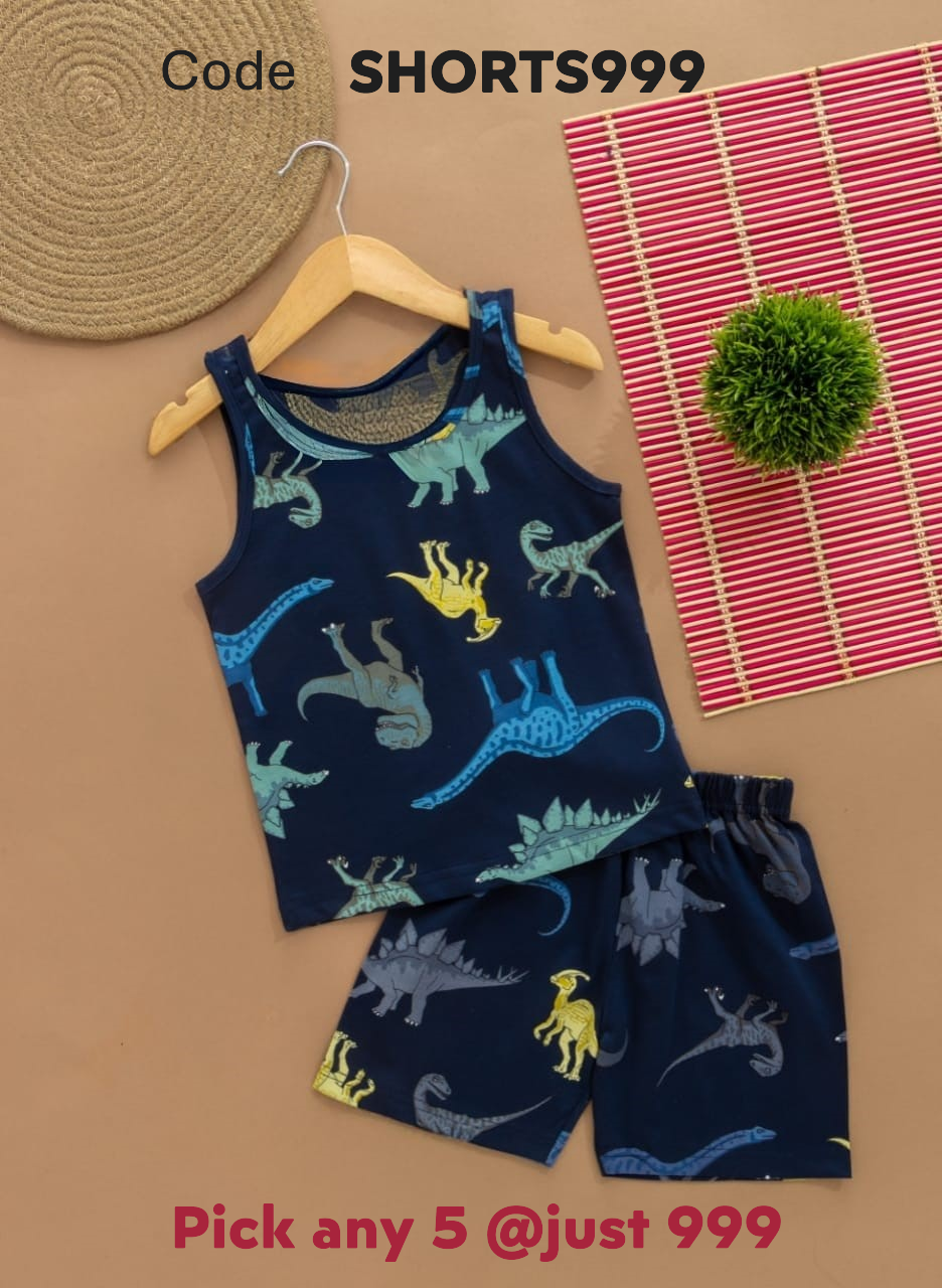 Sleeveless Shorts set with Dinosaur Design on a hanger
