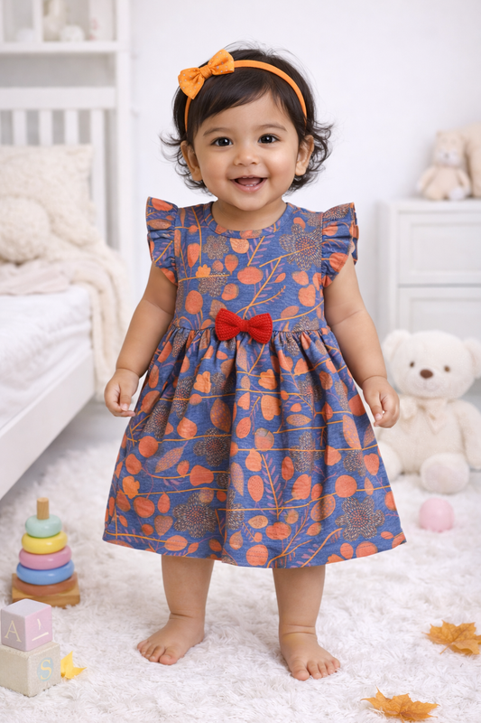 Half Sleeves Frill Frocks with BOW (Blue & Orange Flowers)