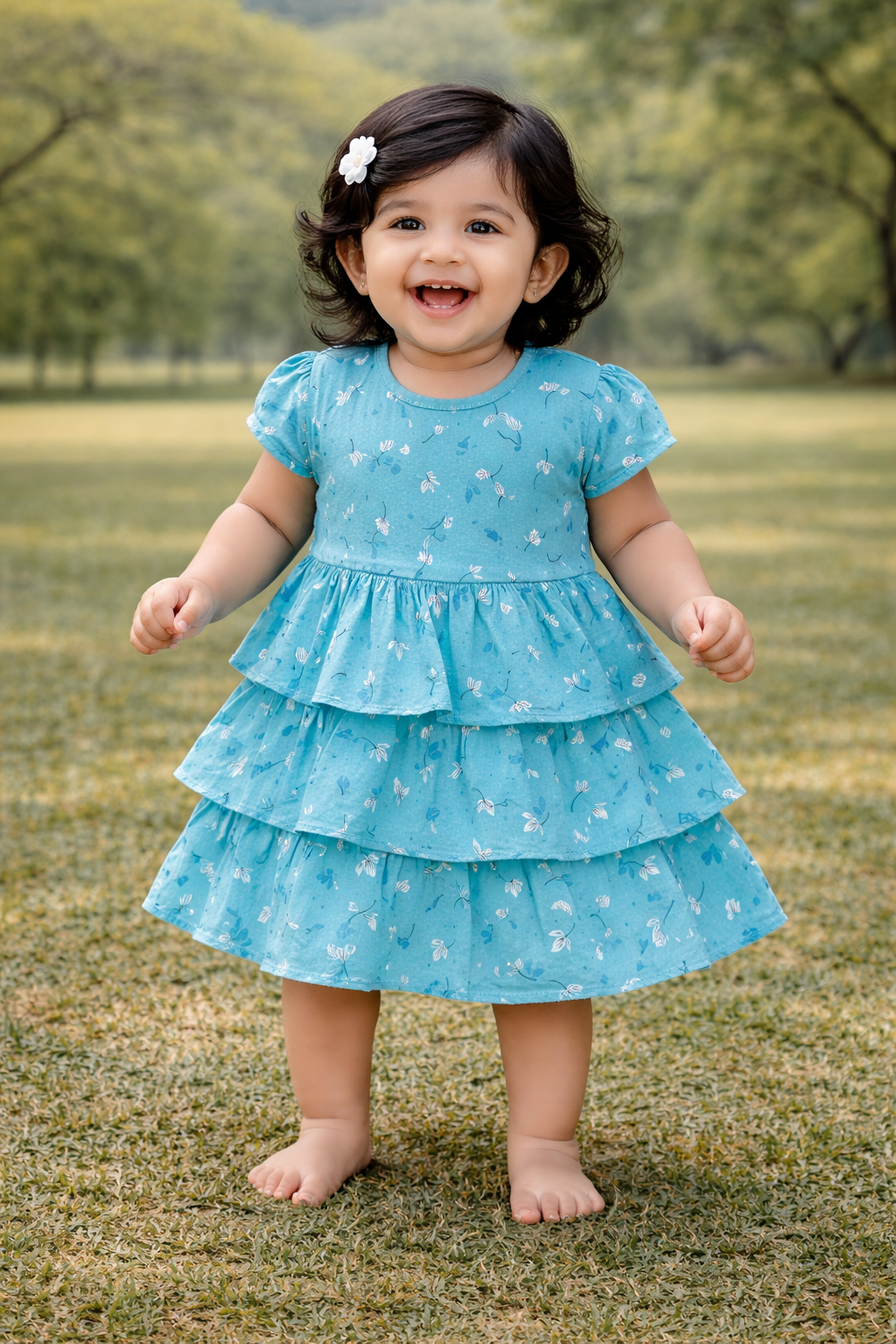 Half Sleeves Frill Frocks with BOW (Cyan Flower)