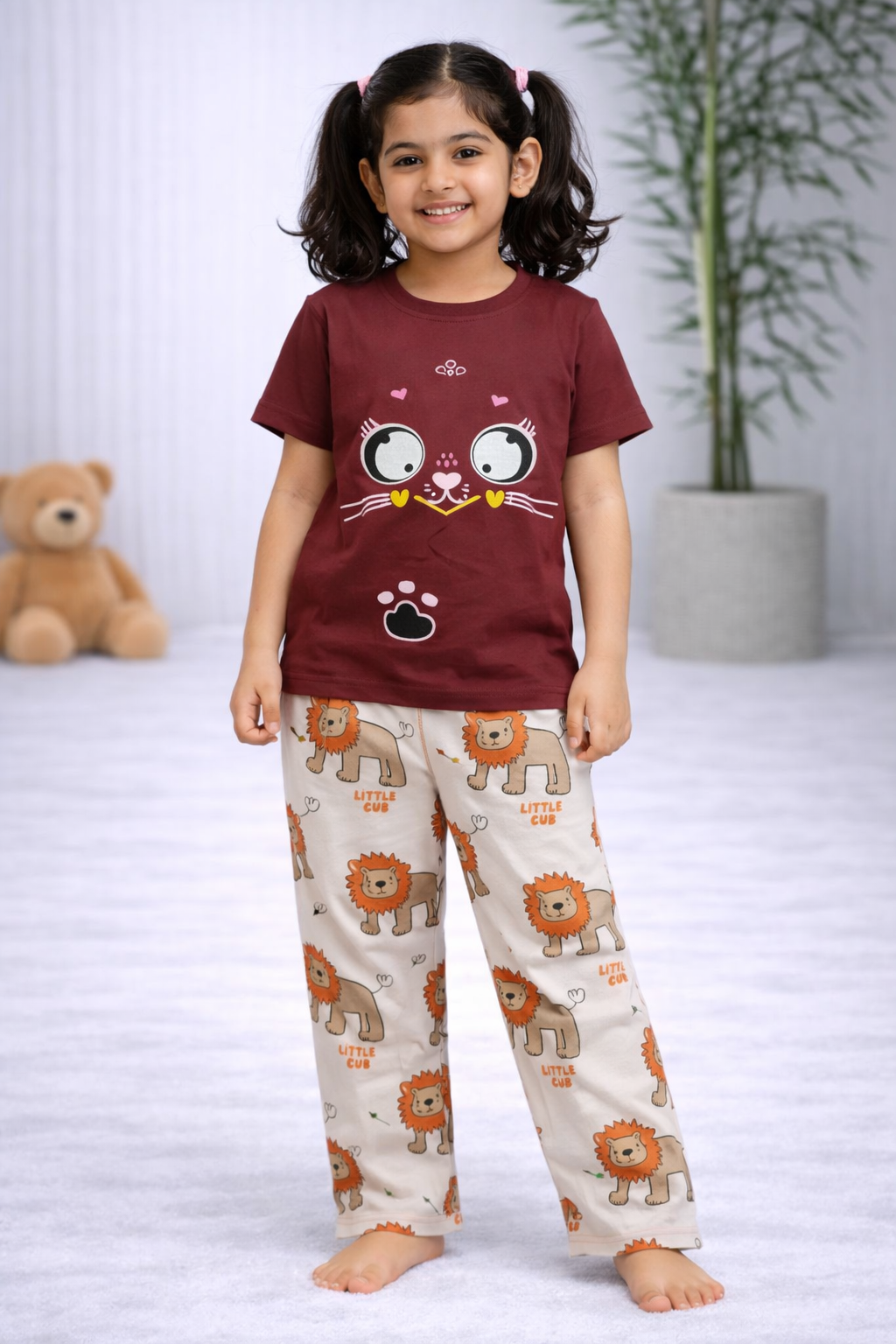 Premium Cotton Contrast Half Sleeves Pajama Set (Brown -Little Cub Animals)