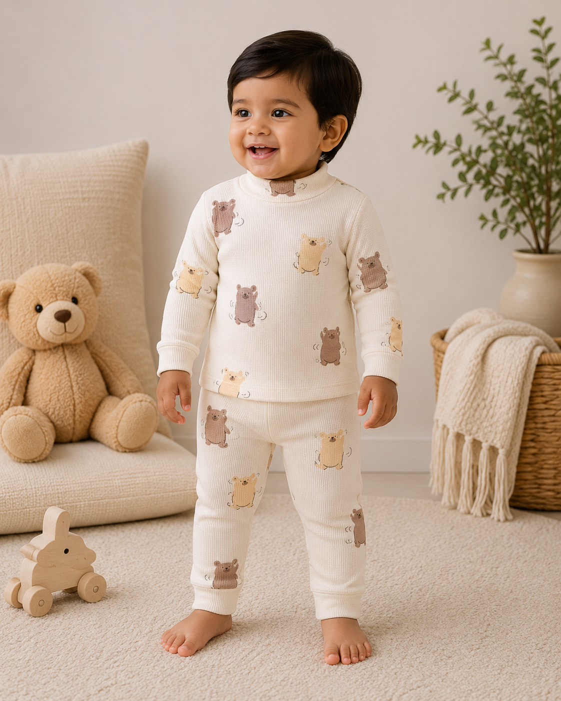 High Neck Ribbed  Full sleeves Tshirt with Pant (Cream Yellow Panda)