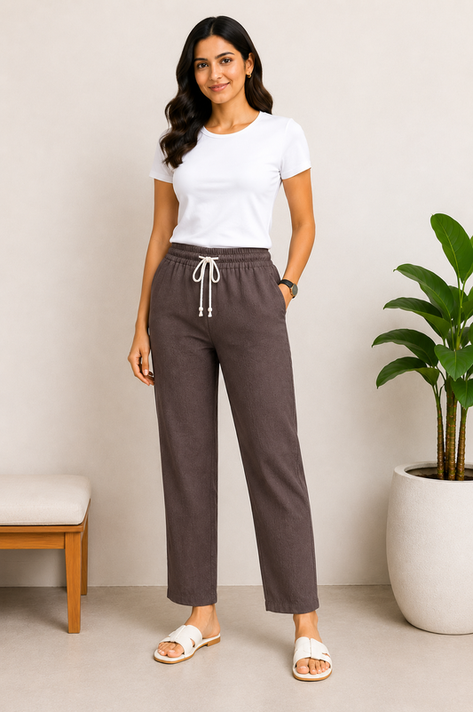 Linen Cotton Straight Pants for Women (Mocha Brown)