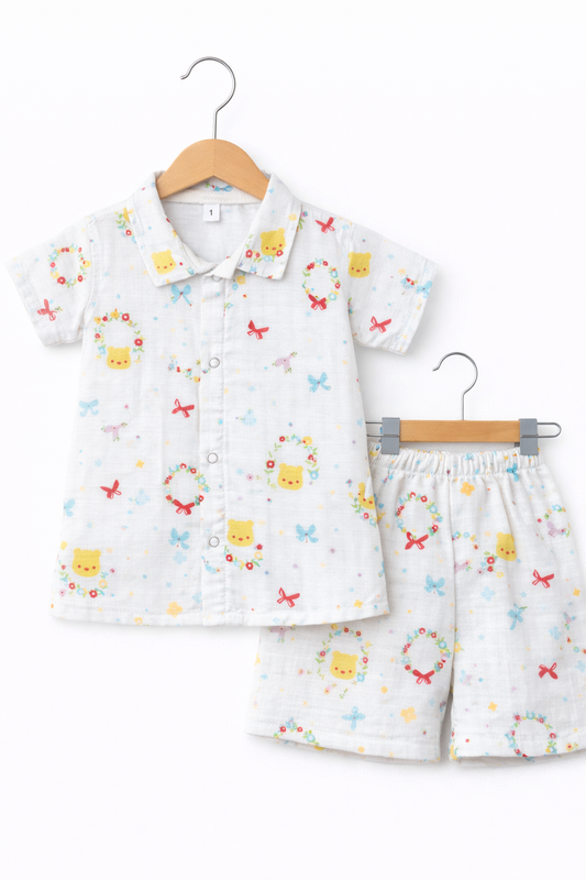 Airport - Kids Muslin Co-ord Set – Front Open Collar Shirt & Shorts (Circle Bear& Bow)