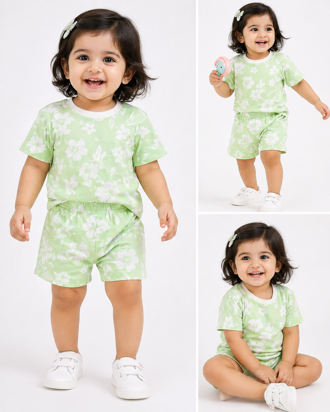 Shorts Sleeves Tshirt with Shorts Sets (Green White Flower)