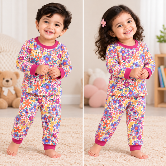 Premium Soft Cotton Full sleeves Tshirt with Pant (Pink Flower & Butterfly)