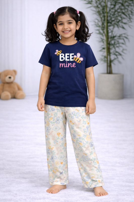 Premium Cotton Contrast Half Sleeves Pajama Set (Blue -Bee Mine: Flower Rabbit)