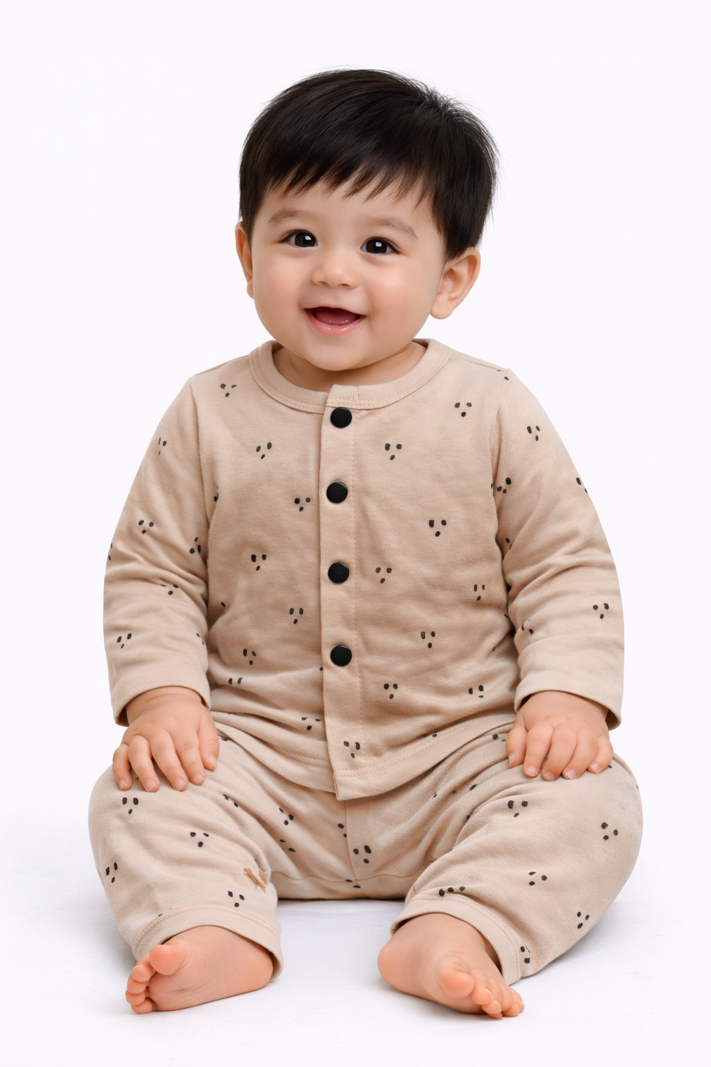 Front Open Full sleeves Ribbed Tshirt with Pant (Brown Black Dots)