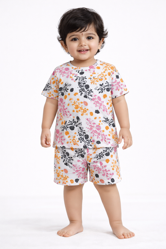 Cotton Shorts Sleeves Tshirt with Shorts Sets (Pink: Orange: Black Bunches)