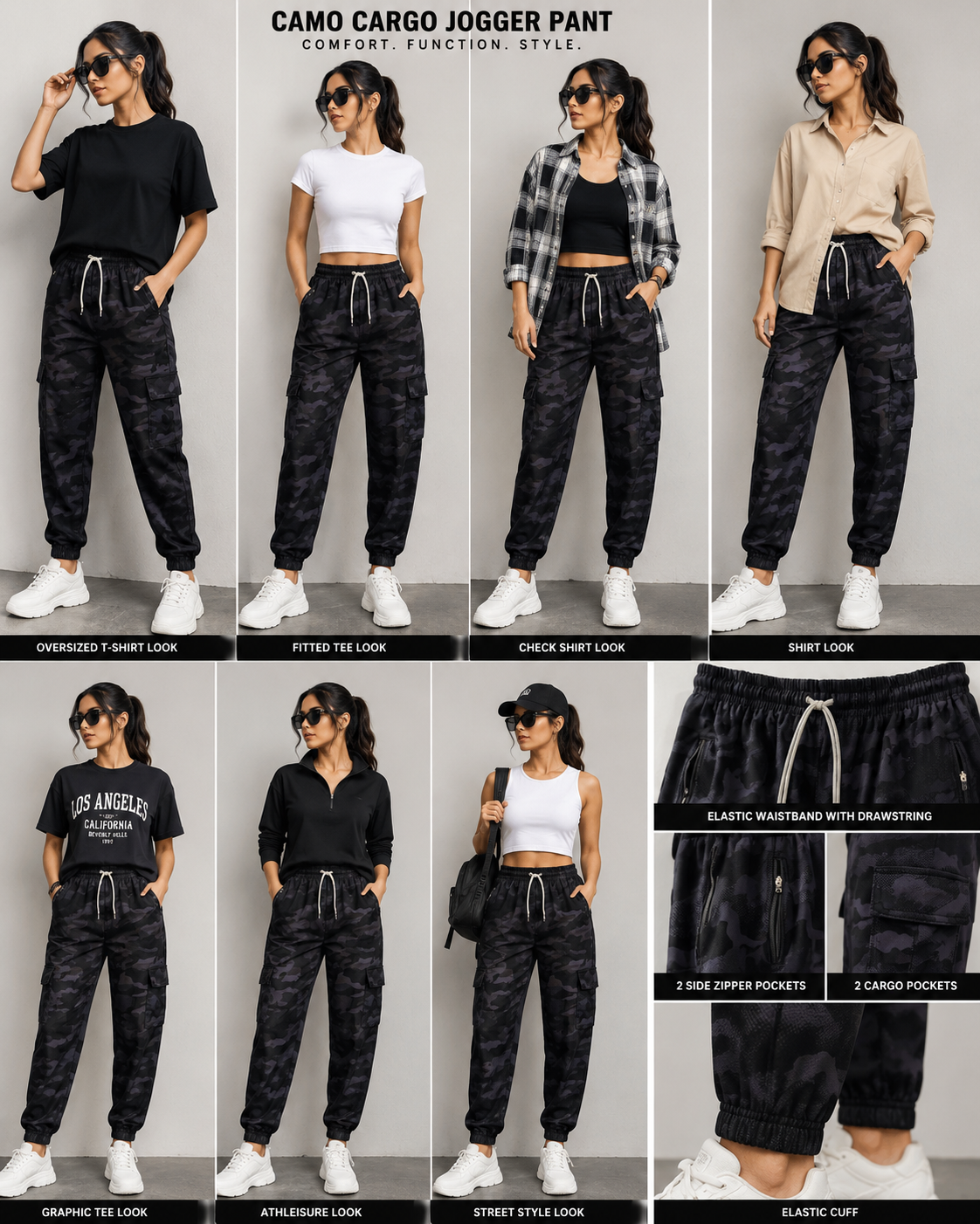 Stretchable Fourway Lycra Cargo Pant- Military( Black / Purple)