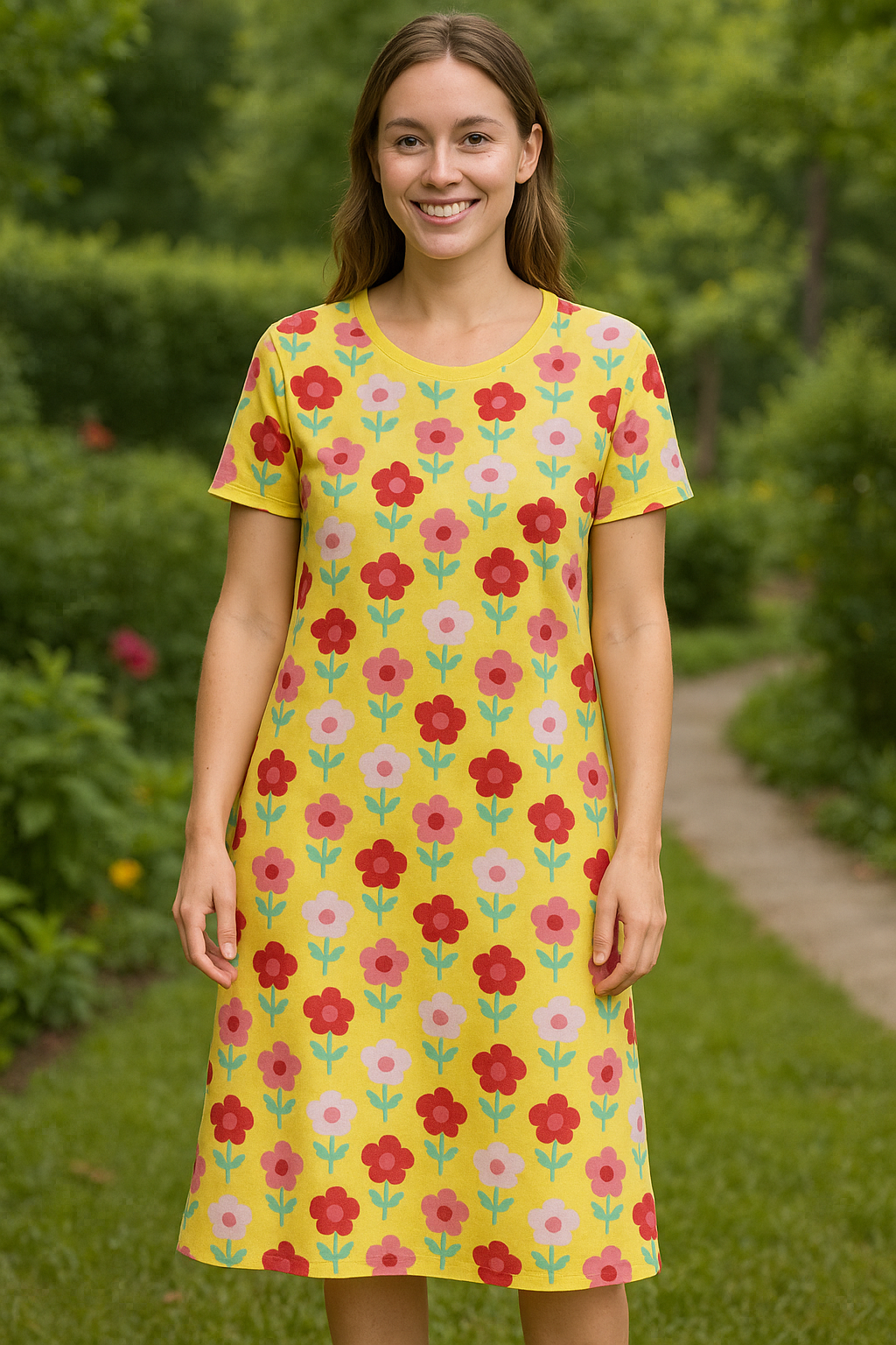 Women's Long POLO A-Line Top (Bright Yellow Flowers)