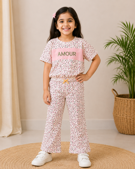 Girl's Crop Top With Pant (Peach - Amour)