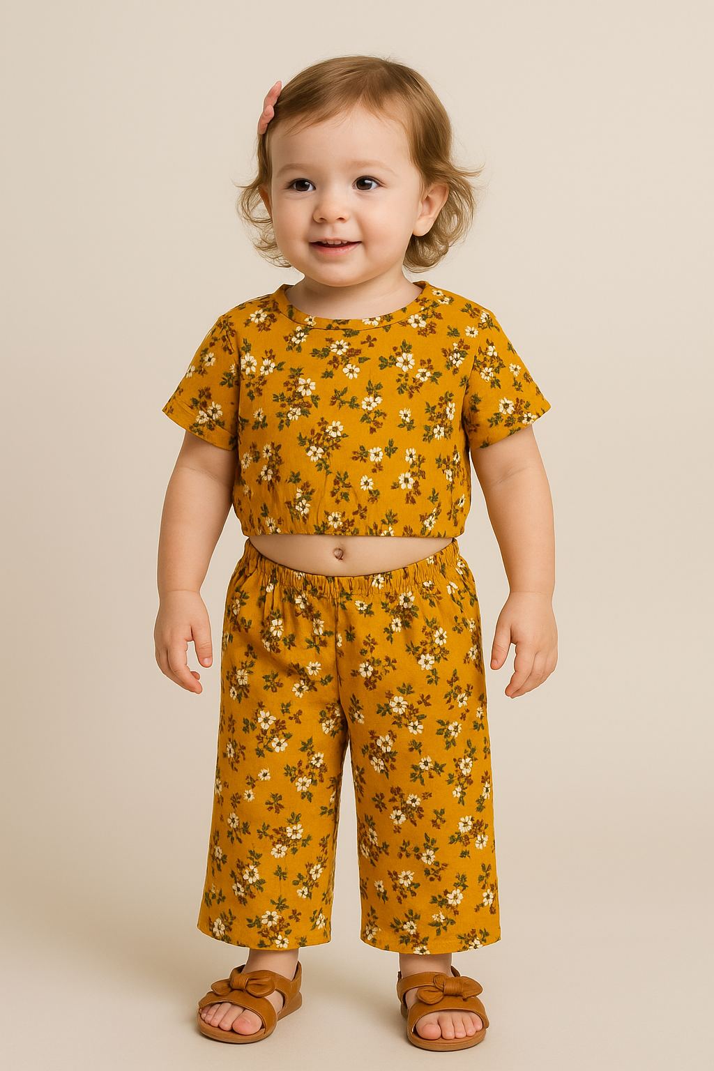 Crop Top & Palazzo Pant set (Mustard Flowers)
