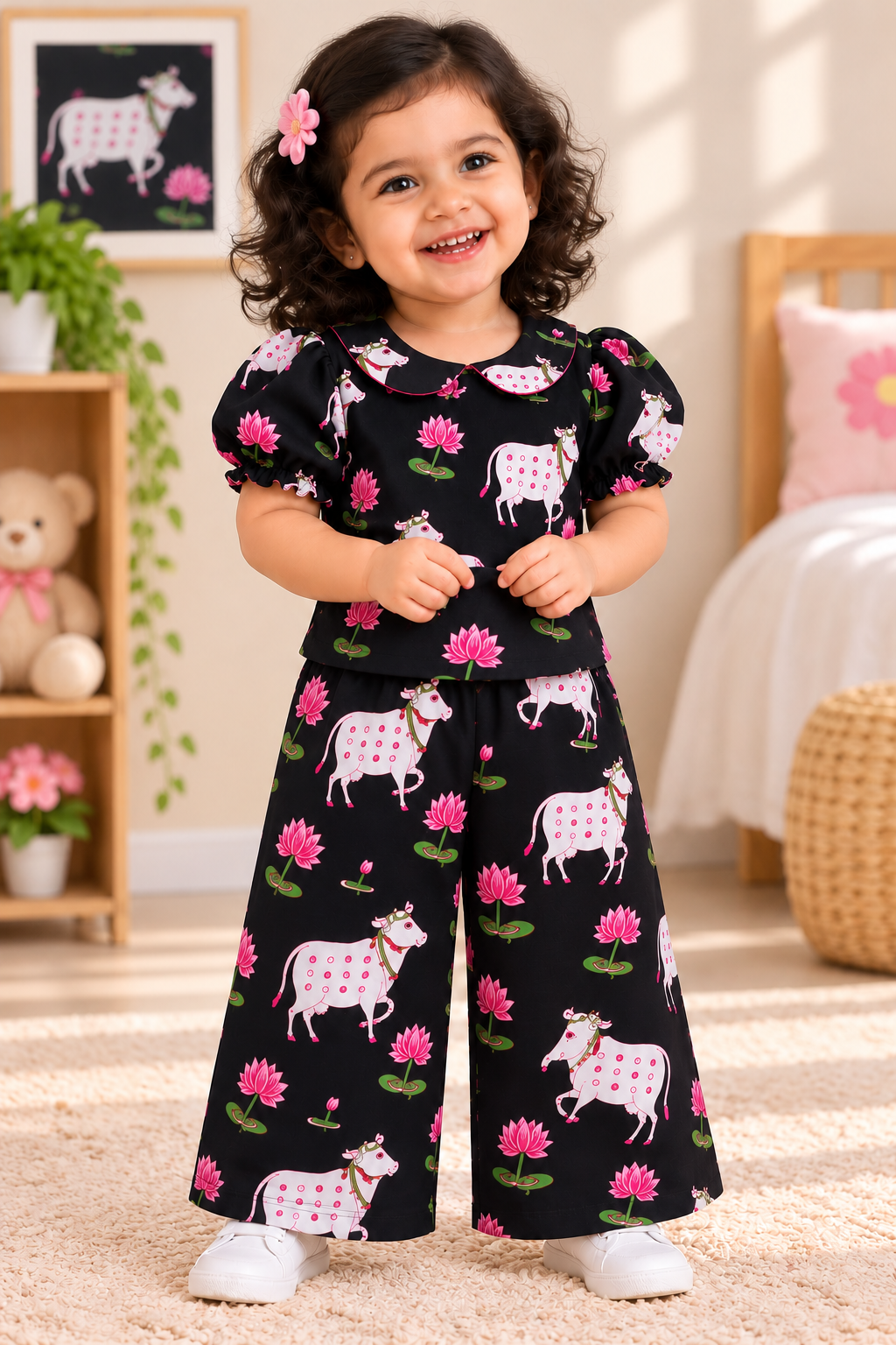 Girls Casual Cotton Printed Peter Pan Collar Co-ord Set (C053P)(Black Pichawai) (PRE- Booking)