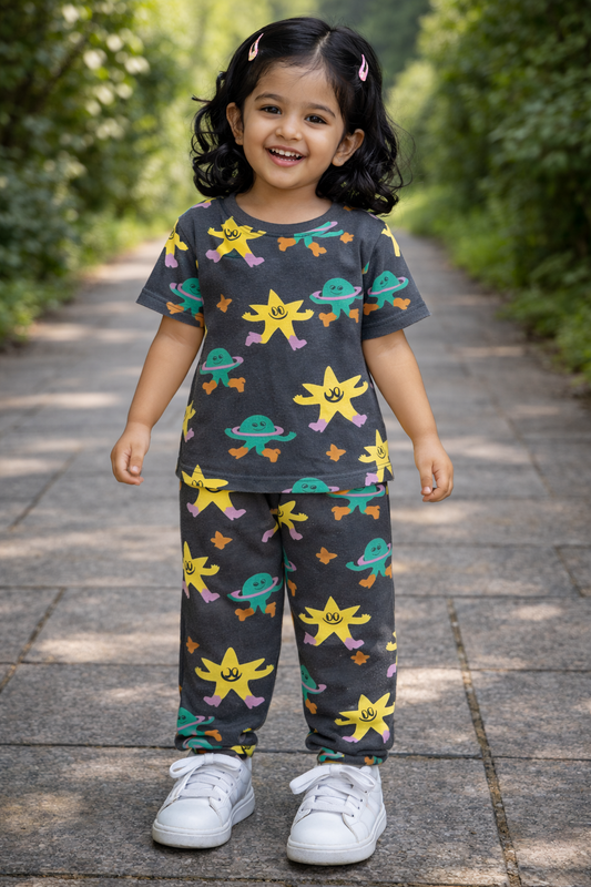 Premium Ribbed Half Sleeves Pajama Set (  Black Yellow Star)