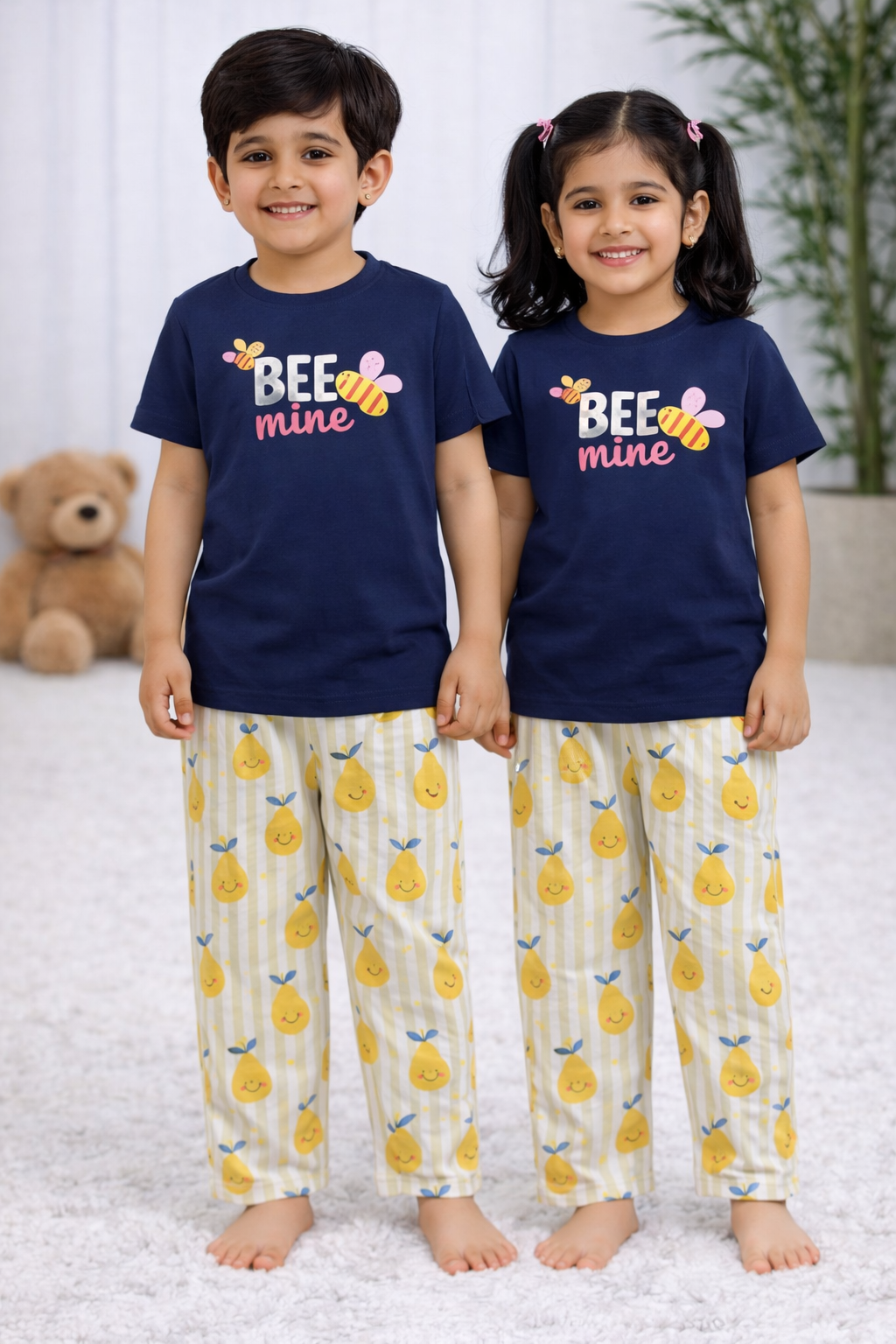 Premium Cotton Contrast Half Sleeves Pajama Set (Black -Bee Mine-Yellow Grey)