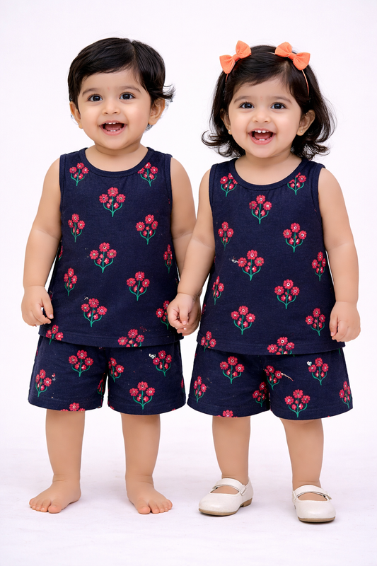 Cotton Sleeveless Shorts Sets (Kalli Flower)