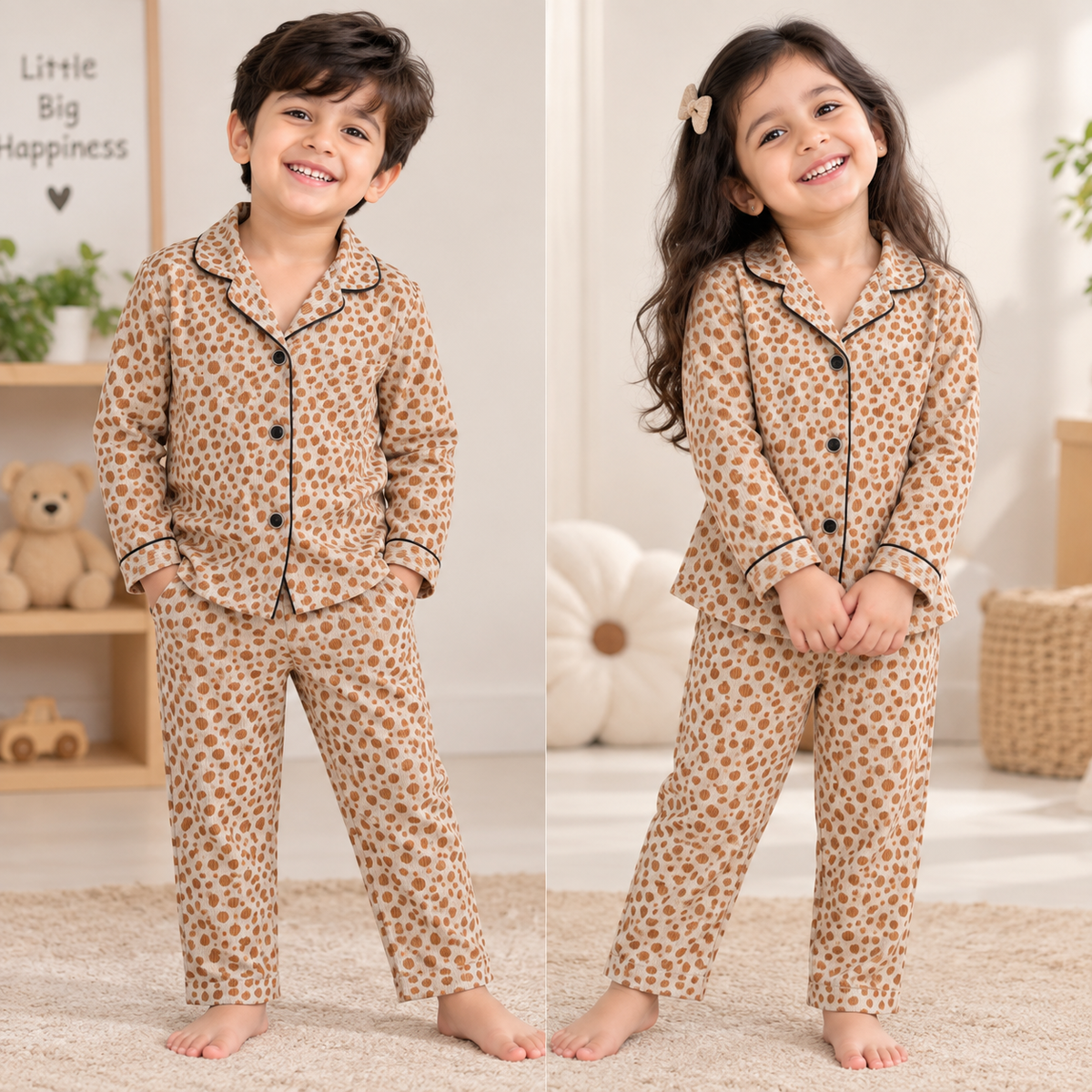 Premium Ribbed Collar full Sleeves Night Suit Sets (Sandle Leopard)