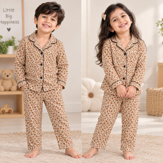 Premium Ribbed Collar full Sleeves Night Suit Sets (Sandle Leopard)