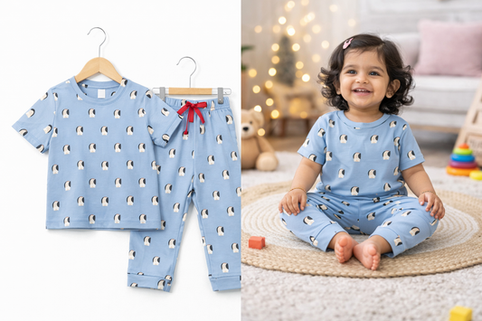 Premium Cotton Half sleeves Tshirt with Pant ( Blue - Pengiun)