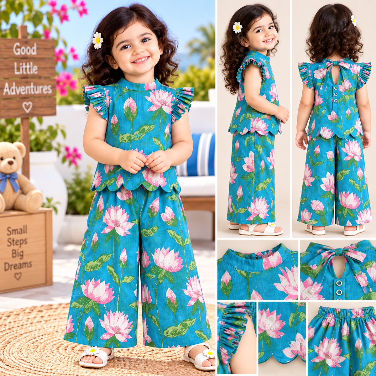 Girls Casual Cotton Printed High Collar & Scallop Top & Pant Co-ord Set (SC004)( Green Lotus)  ( Pre - Booking)