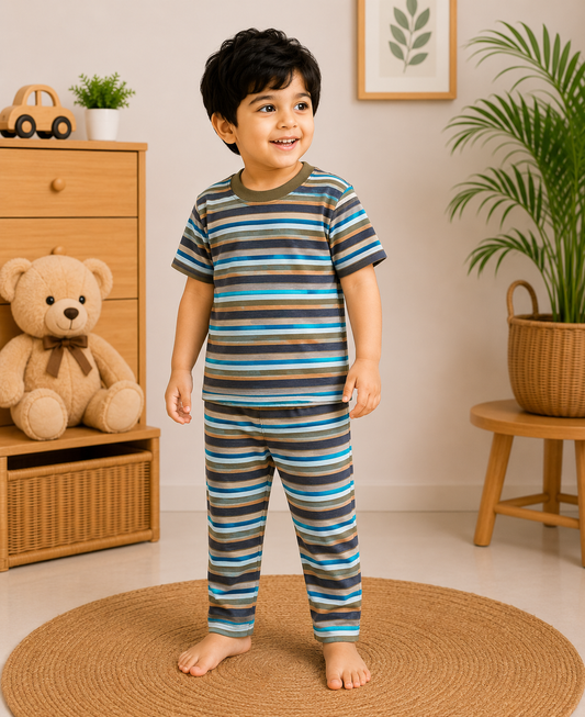 Soft Cotton Half sleeves Tshirt with Pant( Olive Cyan Stripes)