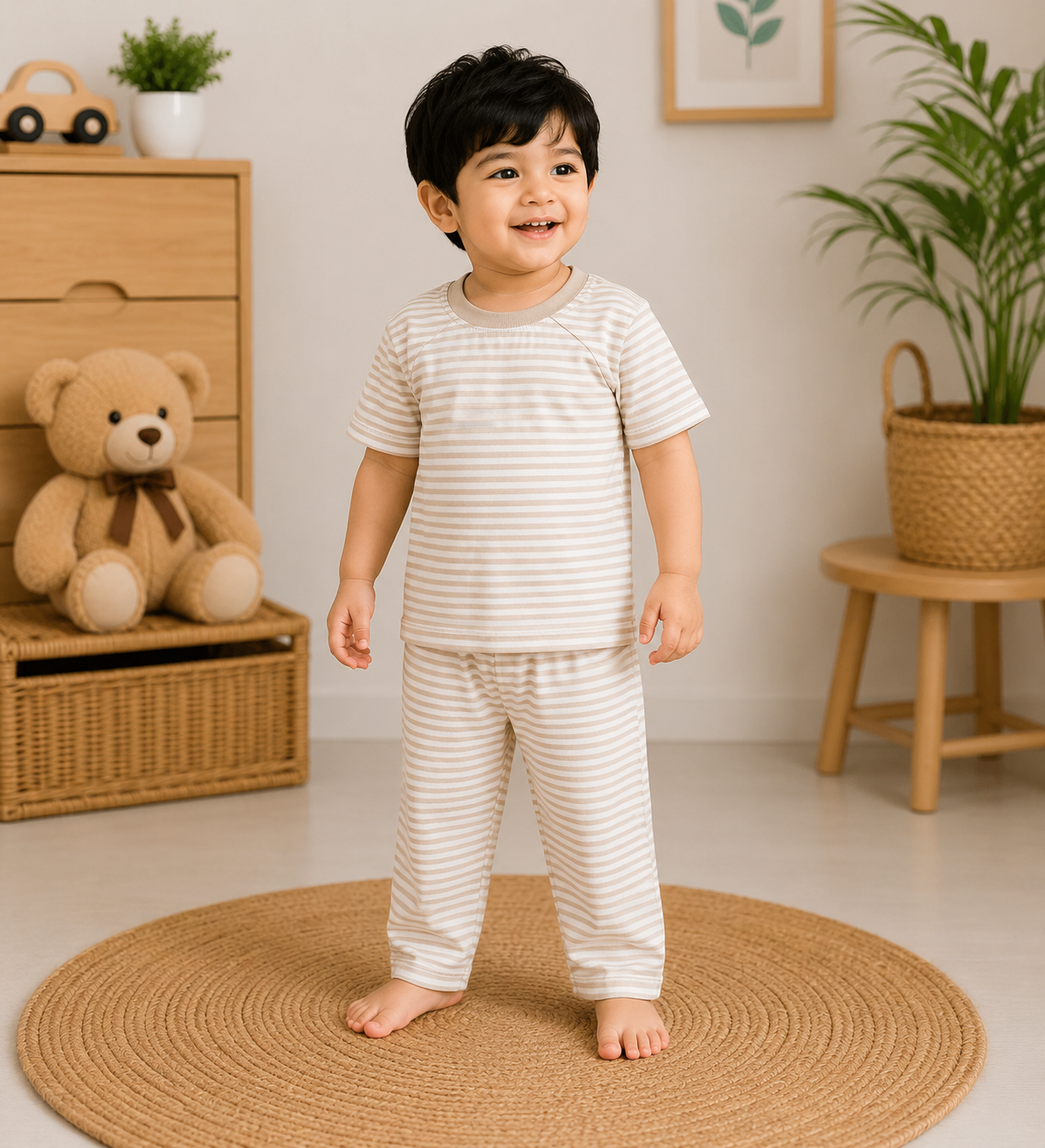 Soft Cotton Half sleeves Tshirt with Pant ( Light Sand Stripes)