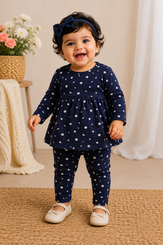 Full Sleeves Frocks Sets ( Navy Blue Big Leaf)